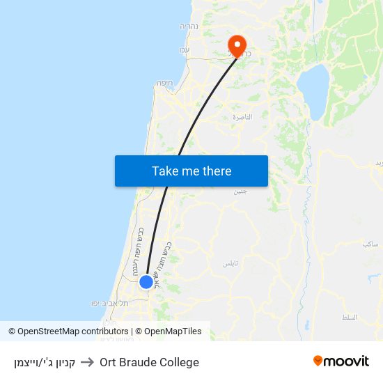 קניון ג'י/וייצמן to Ort Braude College map