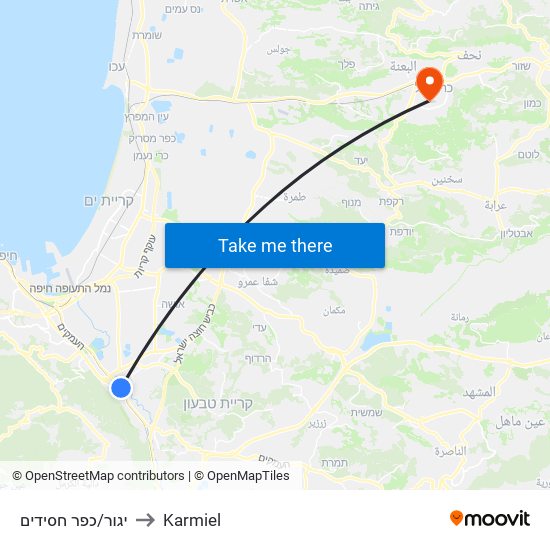 יגור/כפר חסידים to Karmiel map