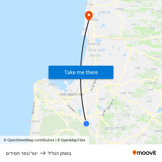 יגור/כפר חסידים to בוסתן הגליל map