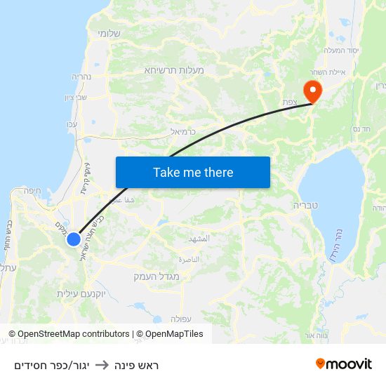 יגור/כפר חסידים to ראש פינה map