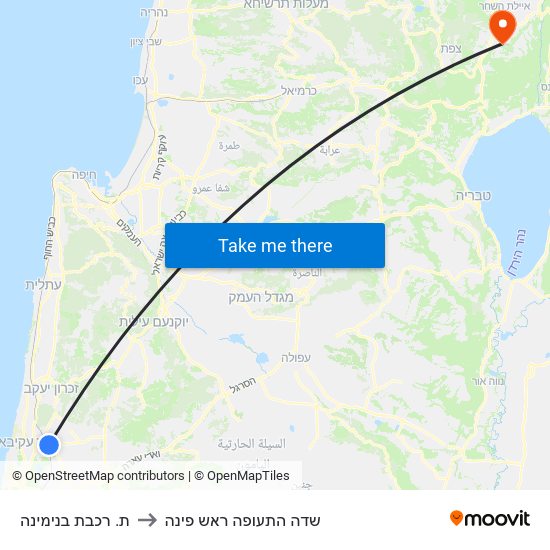 ת. רכבת בנימינה to שדה התעופה ראש פינה map