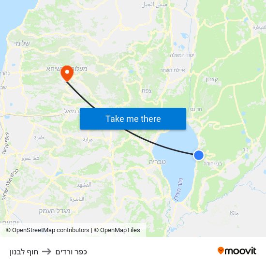 חוף לבנון to כפר ורדים map