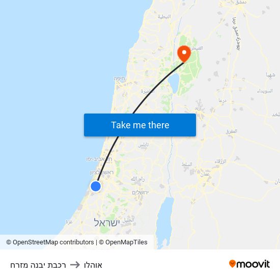 רכבת יבנה מזרח to אוהלו map