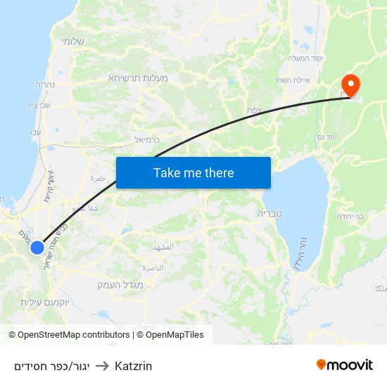 יגור/כפר חסידים to Katzrin map