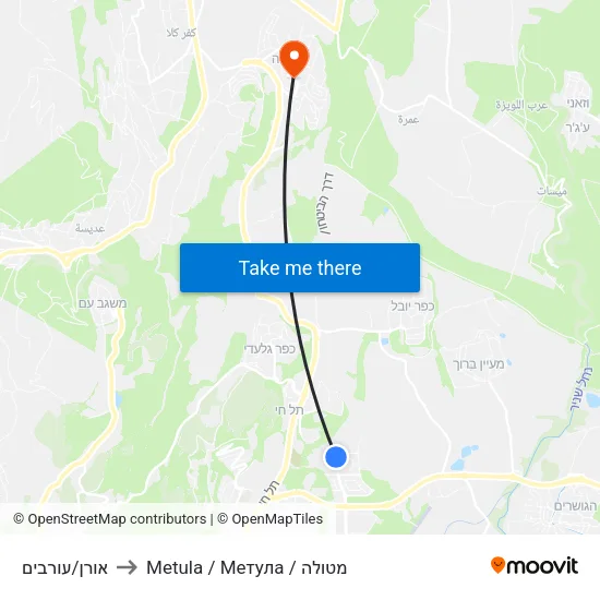 אורן/עורבים to Metula / Метула / מטולה map