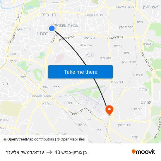 עזרא/דמשק אליעזר to בן גוריון-כביש 40 map