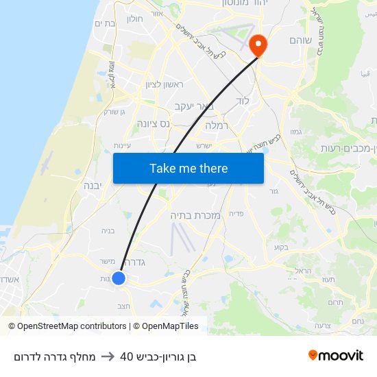 מחלף גדרה לדרום to בן גוריון-כביש 40 map