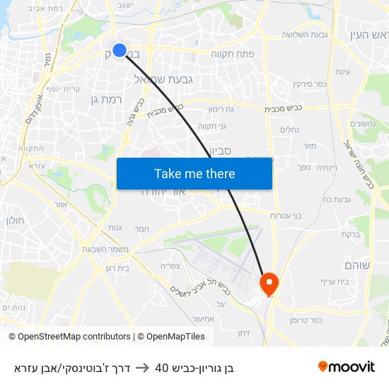 דרך ז'בוטינסקי/אבן עזרא to בן גוריון-כביש 40 map