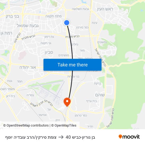 צומת סירקין/הרב עובדיה יוסף to בן גוריון-כביש 40 map