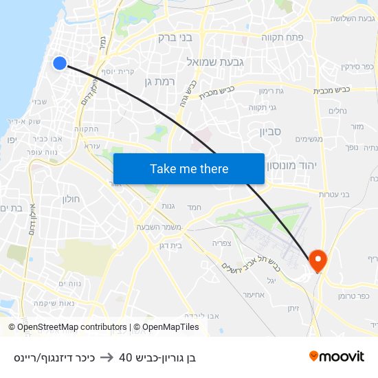 כיכר דיזנגוף/ריינס to בן גוריון-כביש 40 map