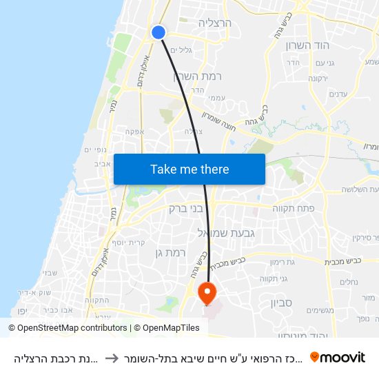 תחנת רכבת הרצליה to המרכז הרפואי ע"ש חיים שיבא בתל-השומר map