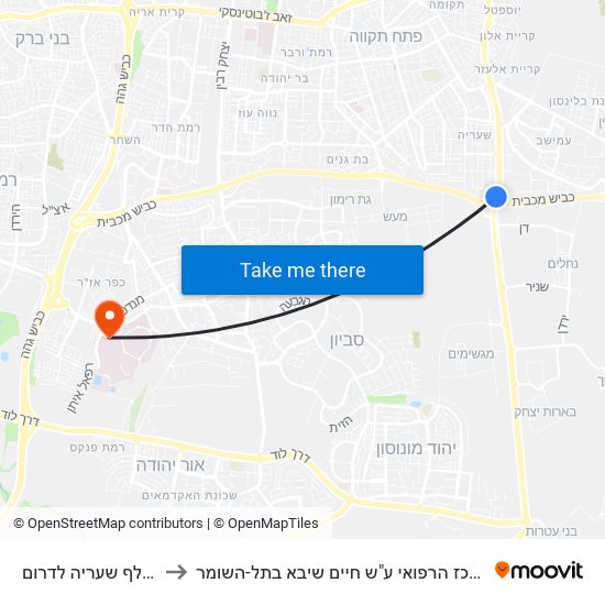 מחלף שעריה לדרום to המרכז הרפואי ע"ש חיים שיבא בתל-השומר map