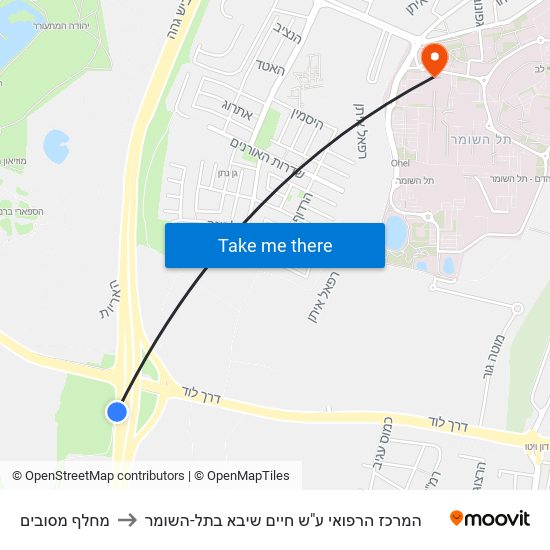 מחלף מסובים to המרכז הרפואי ע"ש חיים שיבא בתל-השומר map