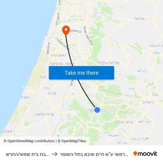 ת. רכבת בית שמש/החרש to המרכז הרפואי ע"ש חיים שיבא בתל-השומר map