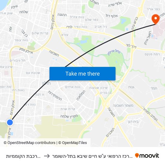 ת. רכבת הקוממיות to המרכז הרפואי ע"ש חיים שיבא בתל-השומר map