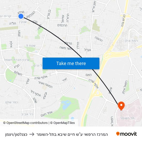 כצנלסון/ויצמן to המרכז הרפואי ע"ש חיים שיבא בתל-השומר map