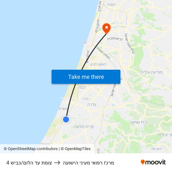 צומת עד הלום/כביש 4 to מרכז רפואי מעיני הישועה map