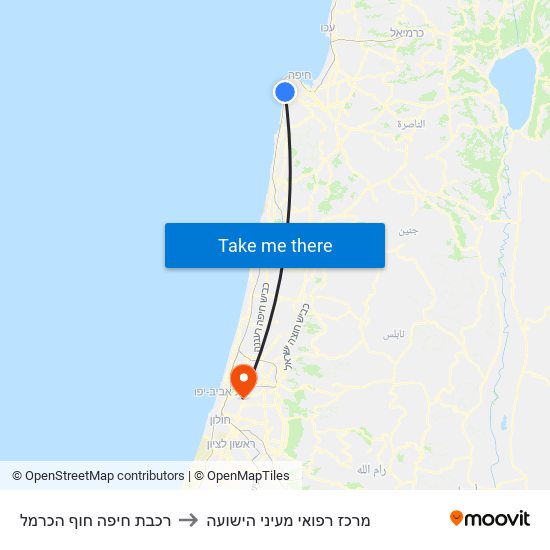 רכבת חיפה חוף הכרמל to מרכז רפואי מעיני הישועה map