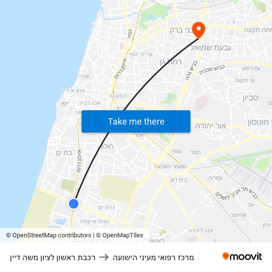 רכבת ראשון לציון משה דיין to מרכז רפואי מעיני הישועה map