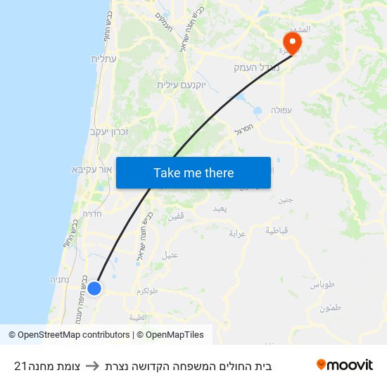 צומת מחנה21 to בית החולים המשפחה הקדושה נצרת map