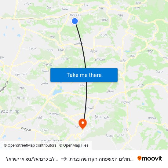 קניון לב כרמיאל/נשיאי ישראל to בית החולים המשפחה הקדושה נצרת map