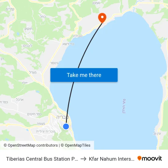Tiberias Central Bus Station Platforms to Kfar Nahum Intersection map