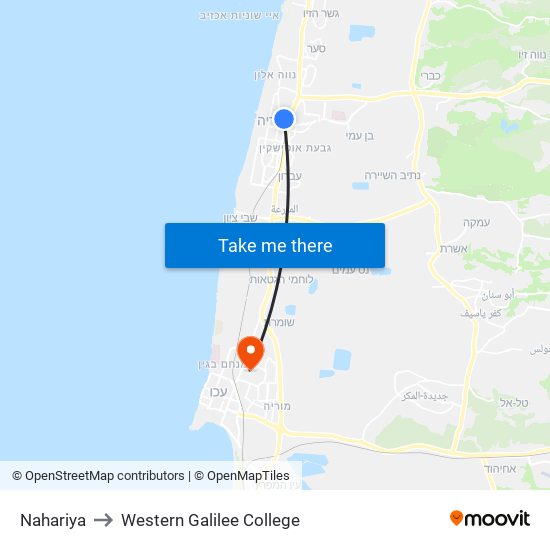 Nahariya to Western Galilee College map