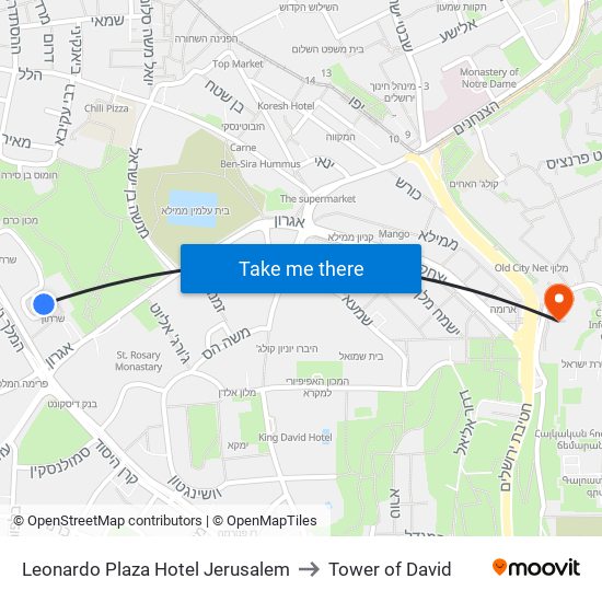 Leonardo Plaza Hotel Jerusalem to Tower of David map