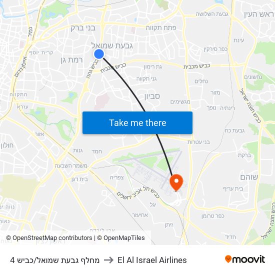 מחלף גבעת שמואל/כביש 4 to El Al Israel Airlines map