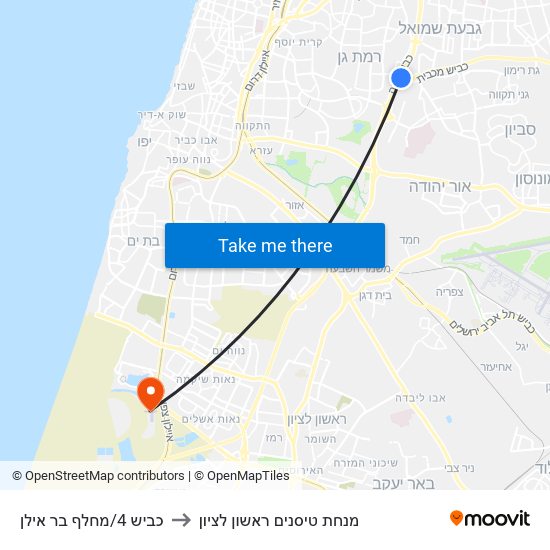 כביש 4/מחלף בר אילן to מנחת טיסנים ראשון לציון map