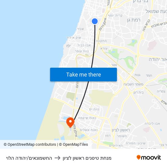 החשמונאים/יהודה הלוי to מנחת טיסנים ראשון לציון map