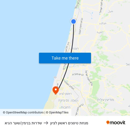 שדרות בנימין/שער הגיא to מנחת טיסנים ראשון לציון map