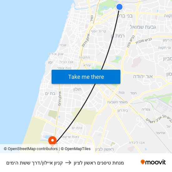 קניון איילון/דרך ששת הימים to מנחת טיסנים ראשון לציון map