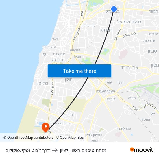 דרך ז'בוטינסקי/סוקולוב to מנחת טיסנים ראשון לציון map