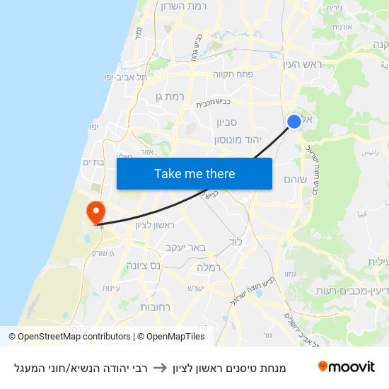 רבי יהודה הנשיא/חוני המעגל to מנחת טיסנים ראשון לציון map