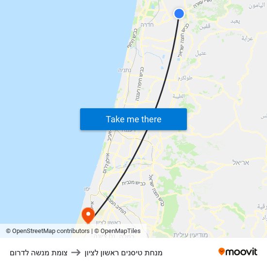 צומת מנשה לדרום to מנחת טיסנים ראשון לציון map