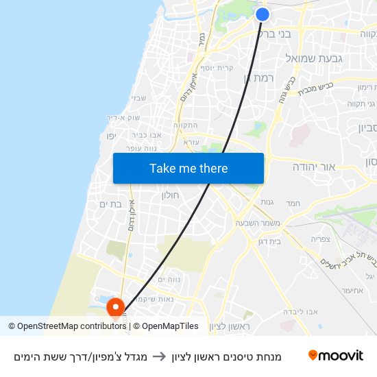 מגדל צ'מפיון/דרך ששת הימים to מנחת טיסנים ראשון לציון map