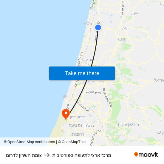 צומת השרון לדרום to מרכז ארצי לתעופה ספורטיבית map