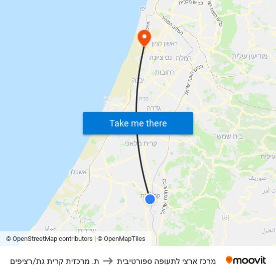 ת. מרכזית קרית גת/רציפים to מרכז ארצי לתעופה ספורטיבית map