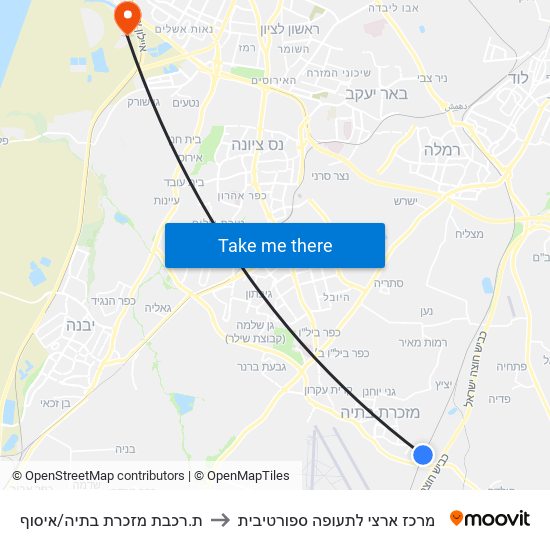 ת.רכבת מזכרת בתיה/איסוף to מרכז ארצי לתעופה ספורטיבית map