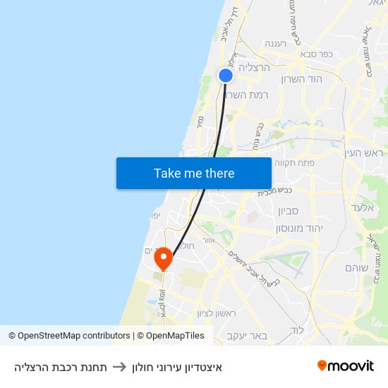 תחנת רכבת הרצליה to איצטדיון עירוני חולון map