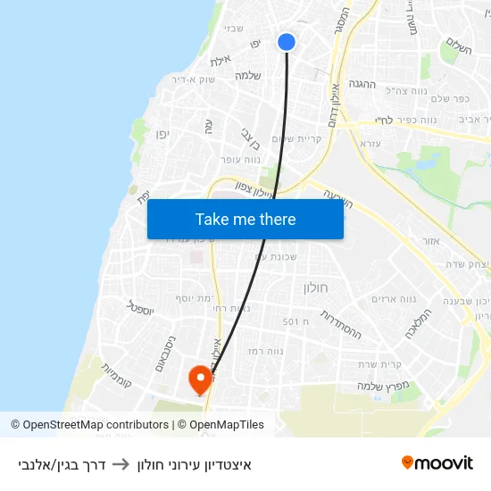 דרך בגין/אלנבי to איצטדיון עירוני חולון map