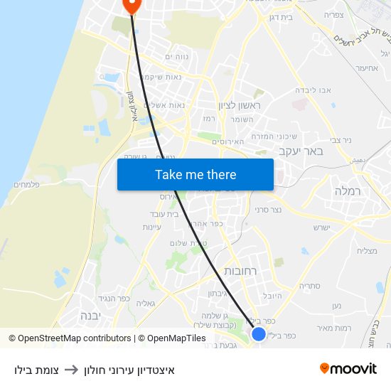 צומת בילו to איצטדיון עירוני חולון map