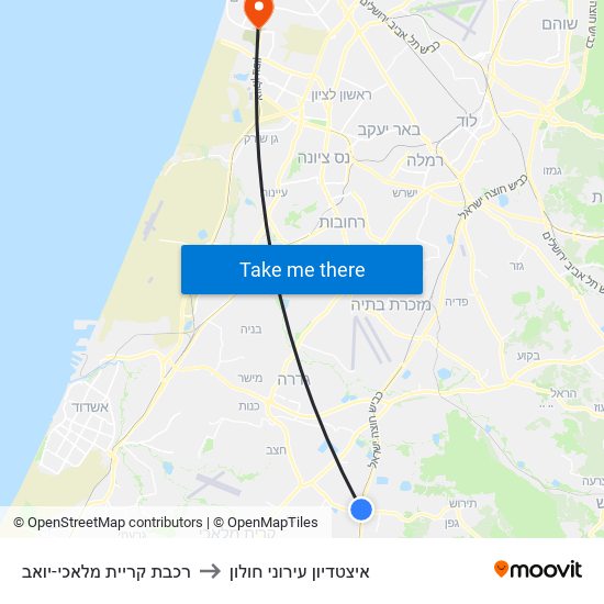 רכבת קריית מלאכי-יואב to איצטדיון עירוני חולון map