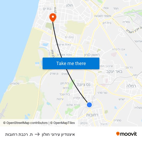 ת. רכבת רחובות to איצטדיון עירוני חולון map