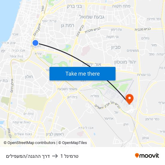 דרך ההגנה/המעפילים to טרמינל 1 map