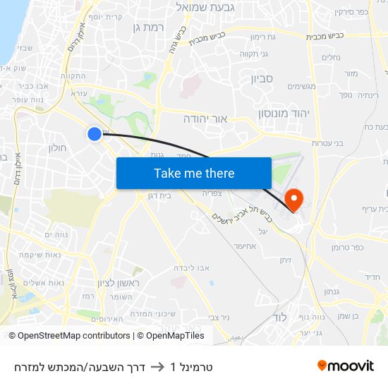 דרך השבעה/המכתש למזרח to טרמינל 1 map