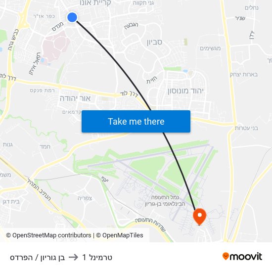 בן גוריון / הפרדס to טרמינל 1 map