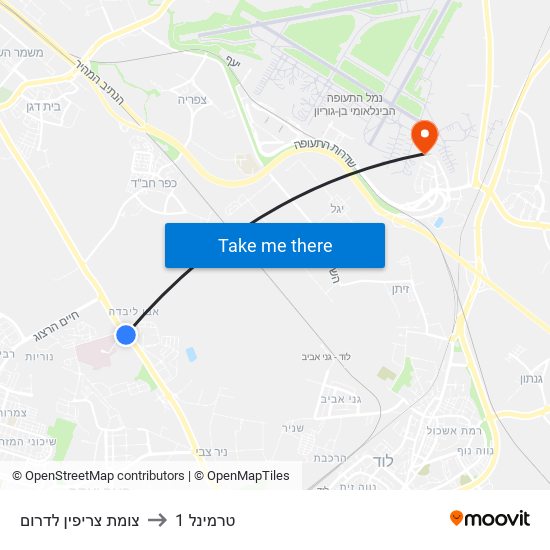 צומת צריפין לדרום to טרמינל 1 map