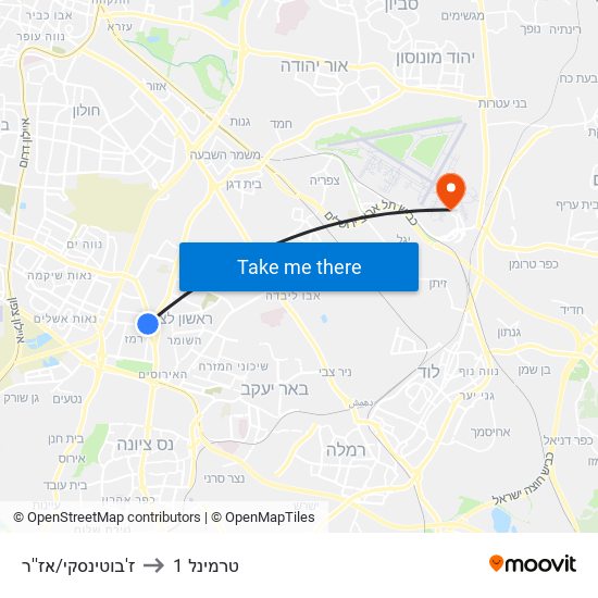 ז'בוטינסקי/אז''ר to טרמינל 1 map